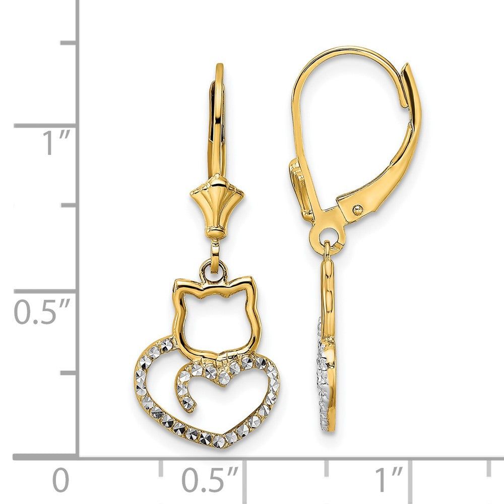 14K Two-Tone Gold Diamond-cut Cat Heart Leverback Earrings