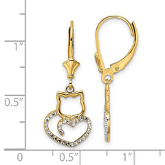 14K Two-Tone Gold Diamond-cut Cat Heart Leverback Earrings