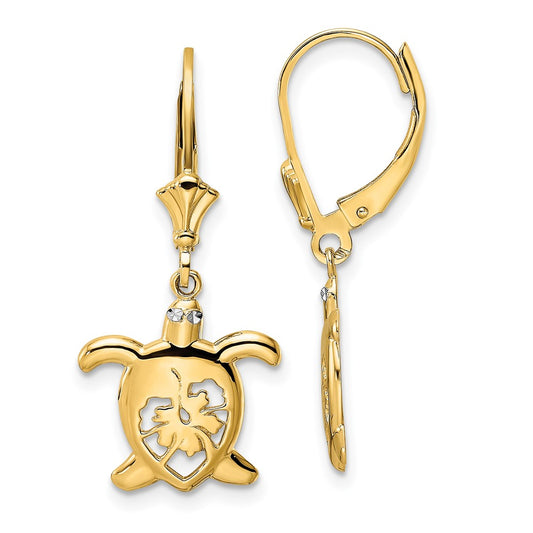 14K Two-Tone Gold Diamond-cut Floral Turtle Leverback Earrings