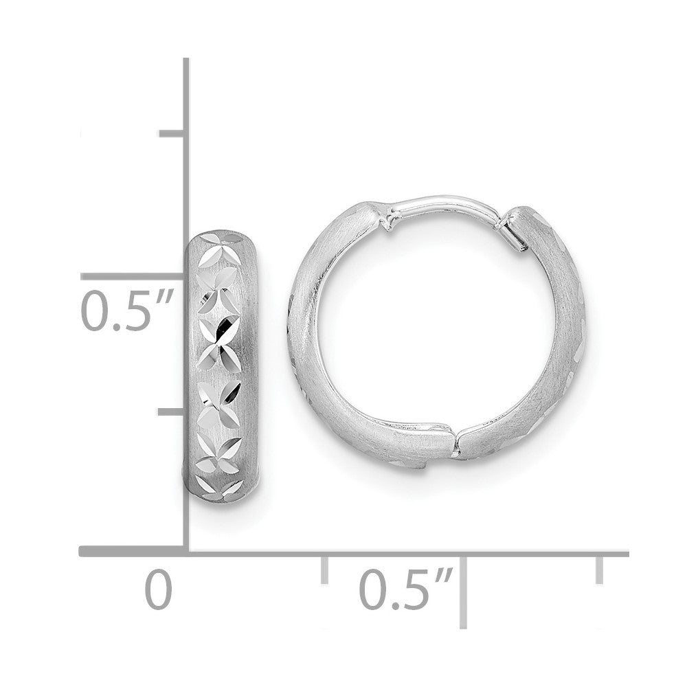 14K White Gold Diamond-cut X Satin 3x13mm Hinged Hoop Earrings