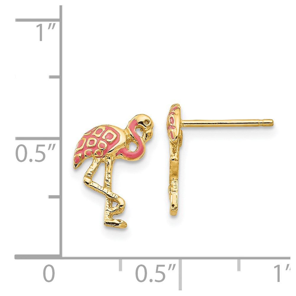 14K Yellow Gold Pink Enameled Flamingo Post Earrings