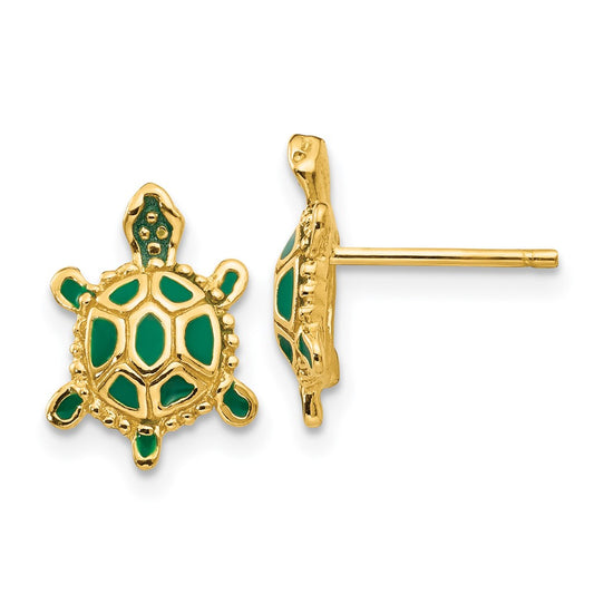 14K Yellow Gold Green Enameled Turtle Post Earrings