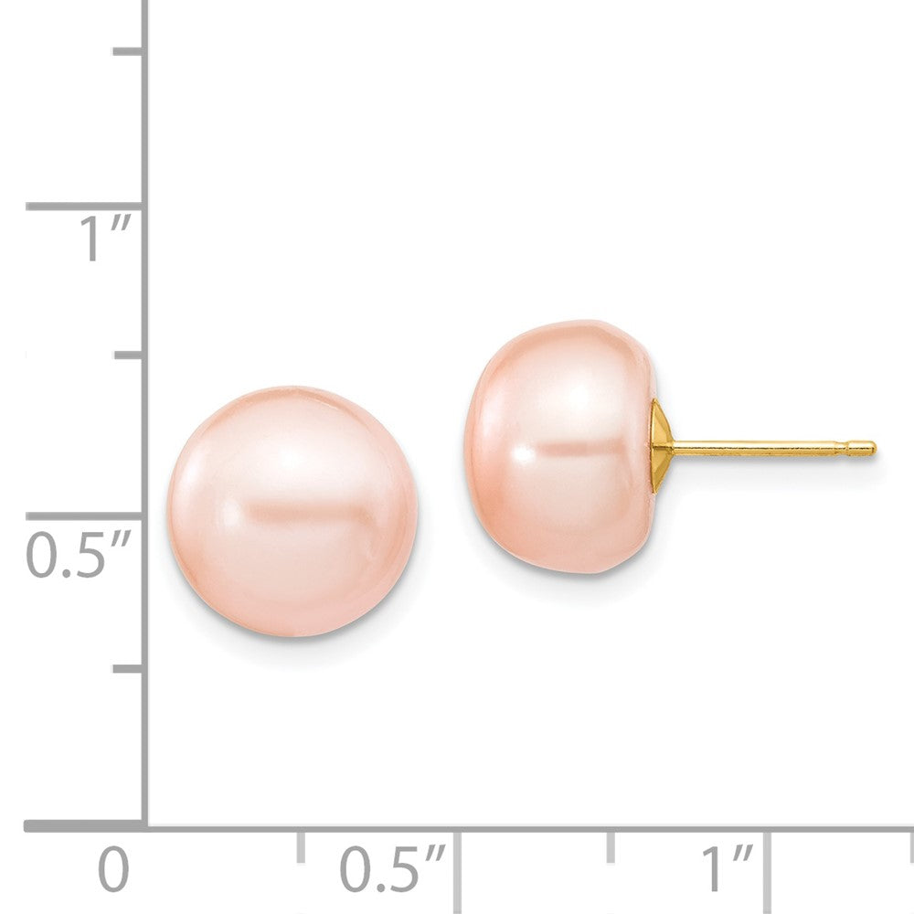 14K Yellow Gold 10-11mm Pink Button FWC Pearl Stud Post Earrings