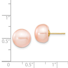 14K Yellow Gold 10-11mm Pink Button FWC Pearl Stud Post Earrings