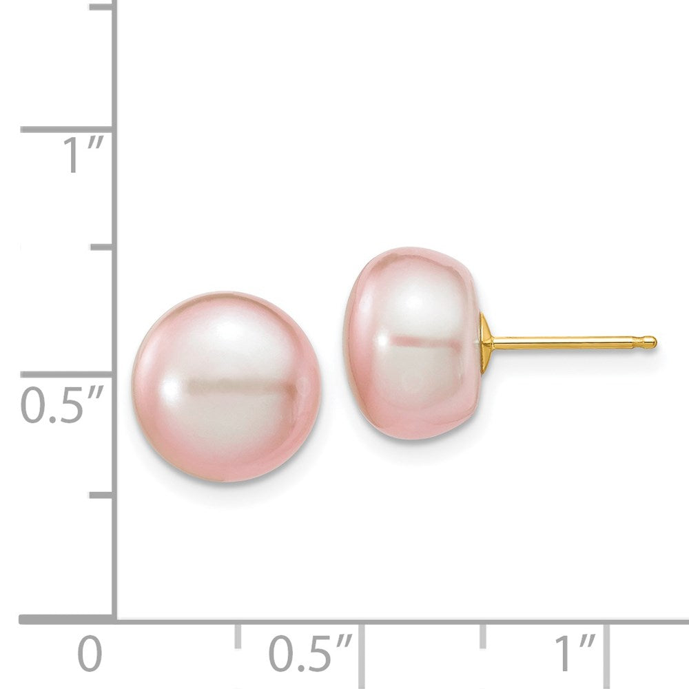 14K Yellow Gold 10-11mm Purple Button FWC Pearl Stud Post Earrings