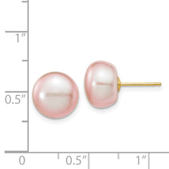 14K Yellow Gold 10-11mm Purple Button FWC Pearl Stud Post Earrings