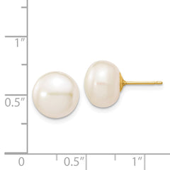 14K Yellow Gold 10-11mm White Button FWC Pearl Stud Post Earrings