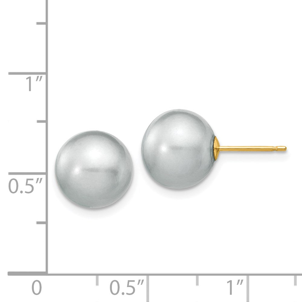 14K Yellow Gold 10-11mm Grey Round FWC Pearl Stud Post Earrings