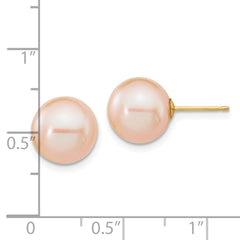 14K Yellow Gold 10-11mm Round Pink FWC Pearl Earrings