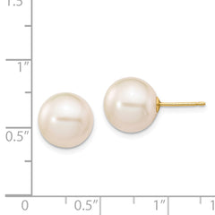 14K Yellow Gold 10-11mm White Round FWC Pearl Stud Post Earrings