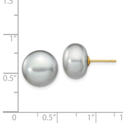 14K Yellow Gold 11-12mm Grey Button FWC Pearl Stud Post Earrings