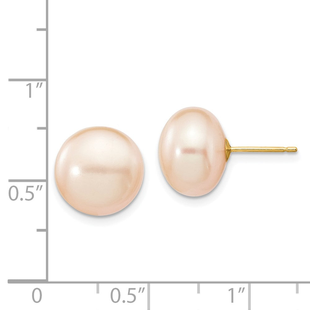 14K Yellow Gold 11-12mm Pink Button FWC Pearl Stud Post Earrings