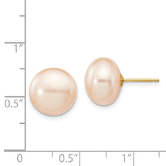 14K Yellow Gold 11-12mm Pink Button FWC Pearl Stud Post Earrings