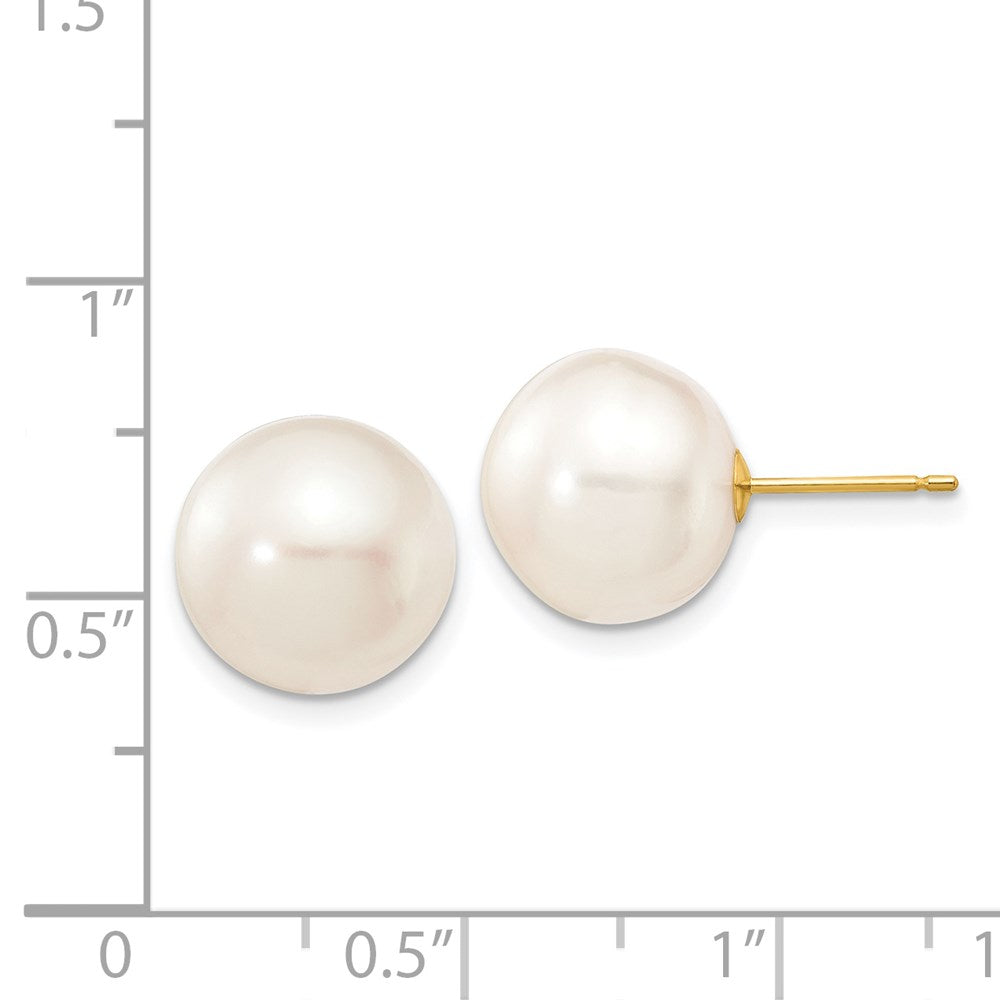 14K Yellow Gold 11-12mm White Button FWC Pearl Stud Post Earrings