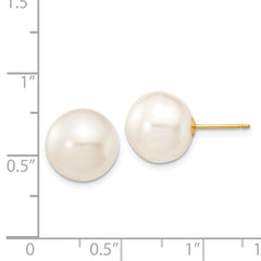 14K Yellow Gold 11-12mm White Button FWC Pearl Stud Post Earrings