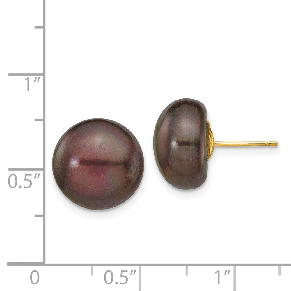 14K Yellow Gold 12-13mm Black Button FWC Pearl Stud Post Earrings
