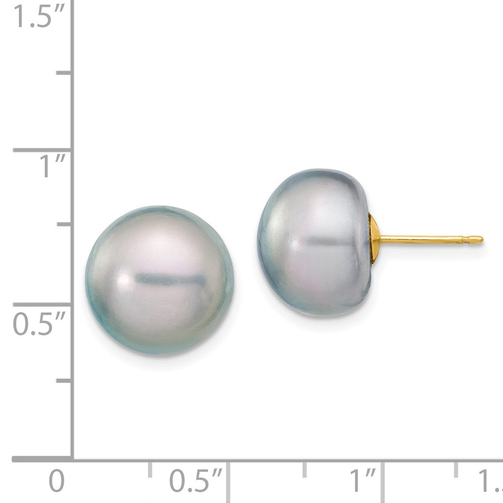 14K Yellow Gold 12-13mm Grey Button FWC Pearl Stud Post Earrings