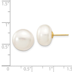 14K Yellow Gold 12-13mm White Button FWC Pearl Stud Post Earrings