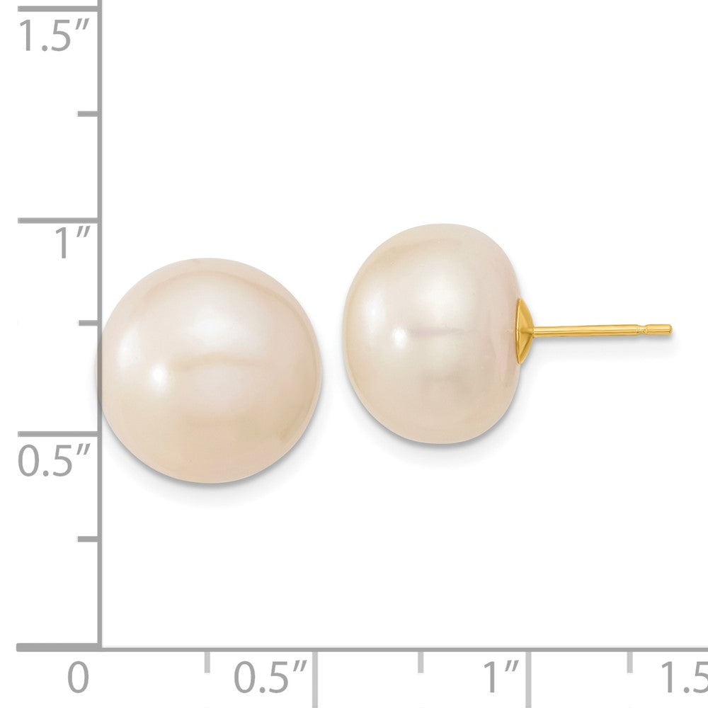 14K Yellow Gold 13-14mm White Button FWC Pearl Post Earrings
