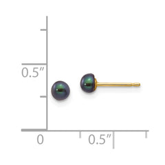 14K Yellow Gold 3-4mm Black Button FWC Pearl Stud Post Earrings