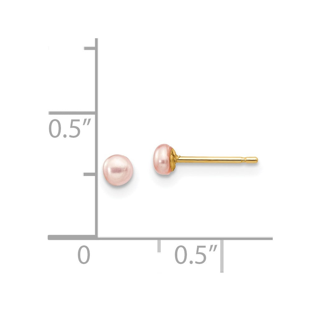 14K Yellow Gold 3-4mm Pink Button FWC Pearl Stud Post Earrings