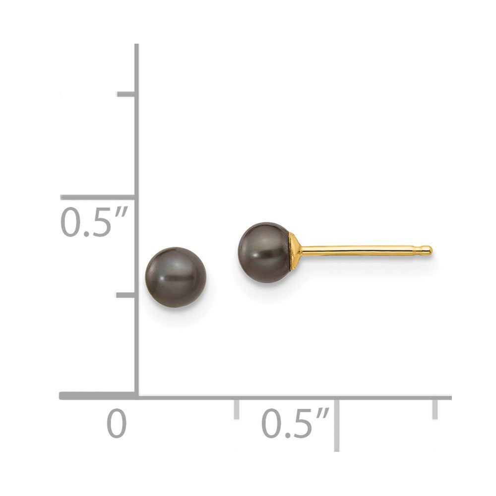 14K Yellow Gold 3-4mm Black Round FWC Pearl Stud Post Earrings