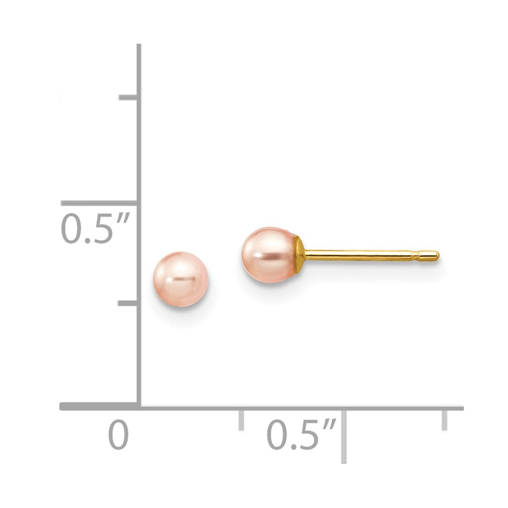 14K Yellow Gold 3-4mm Pink Round FWC Pearl Stud Post Earrings