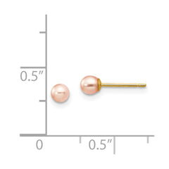 14K Yellow Gold 3-4mm Pink Round FWC Pearl Stud Post Earrings