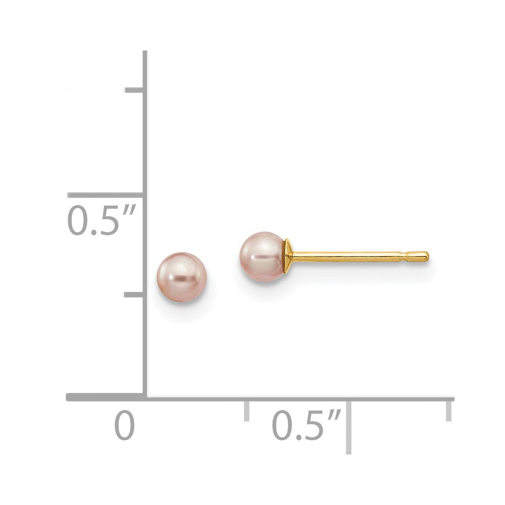 14K Yellow Gold 3-4mm Purple Round FWC Pearl Stud Post Earrings