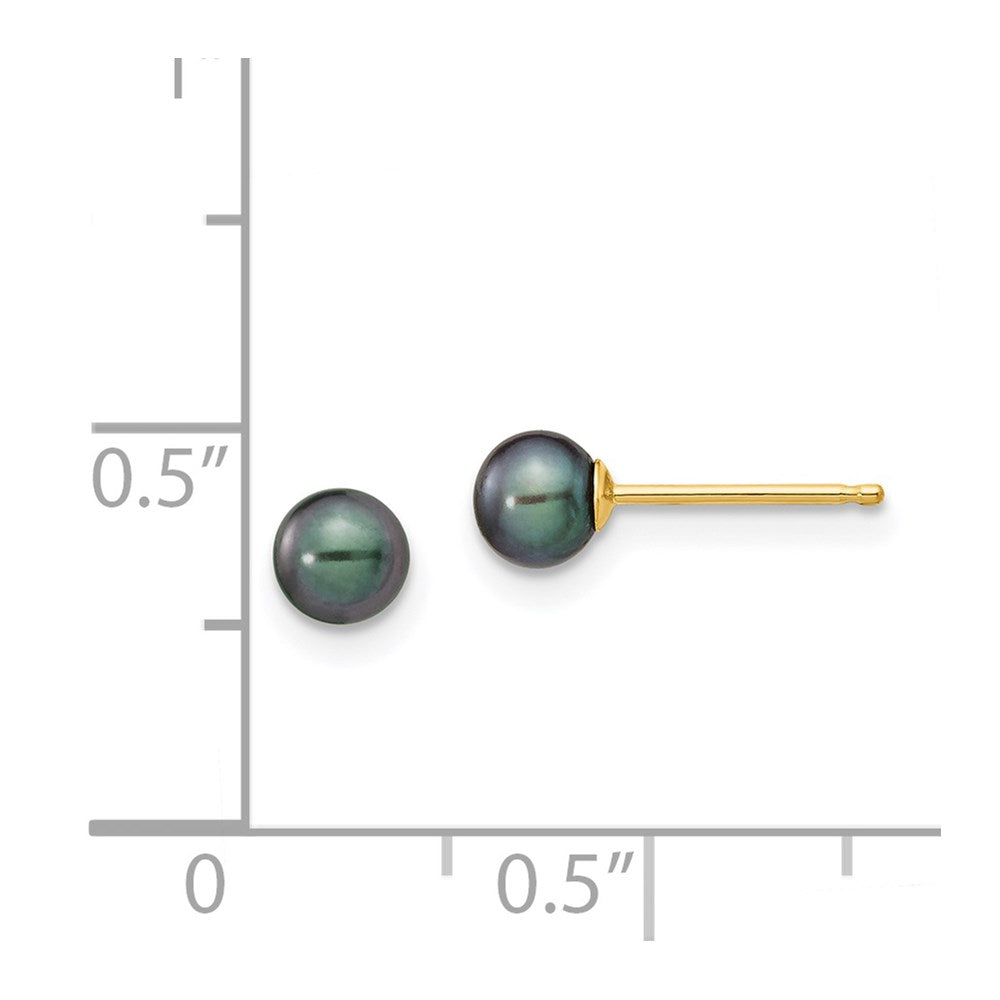 14K Yellow Gold 4-5mm Black Round FWC Pearl Stud Post Earrings
