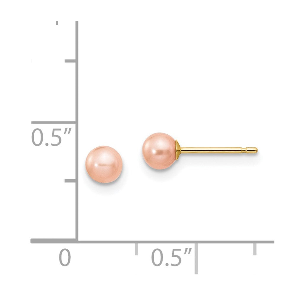 14K Yellow Gold 4-5mm Pink Round FWC Pearl Stud Post Earrings