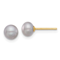 14K Yellow Gold 5-6mm Grey Button FWC Pearl Stud Post Earrings