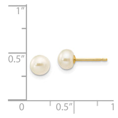 14K Yellow Gold 5-6mm White Button FWC Pearl Stud Post Earrings