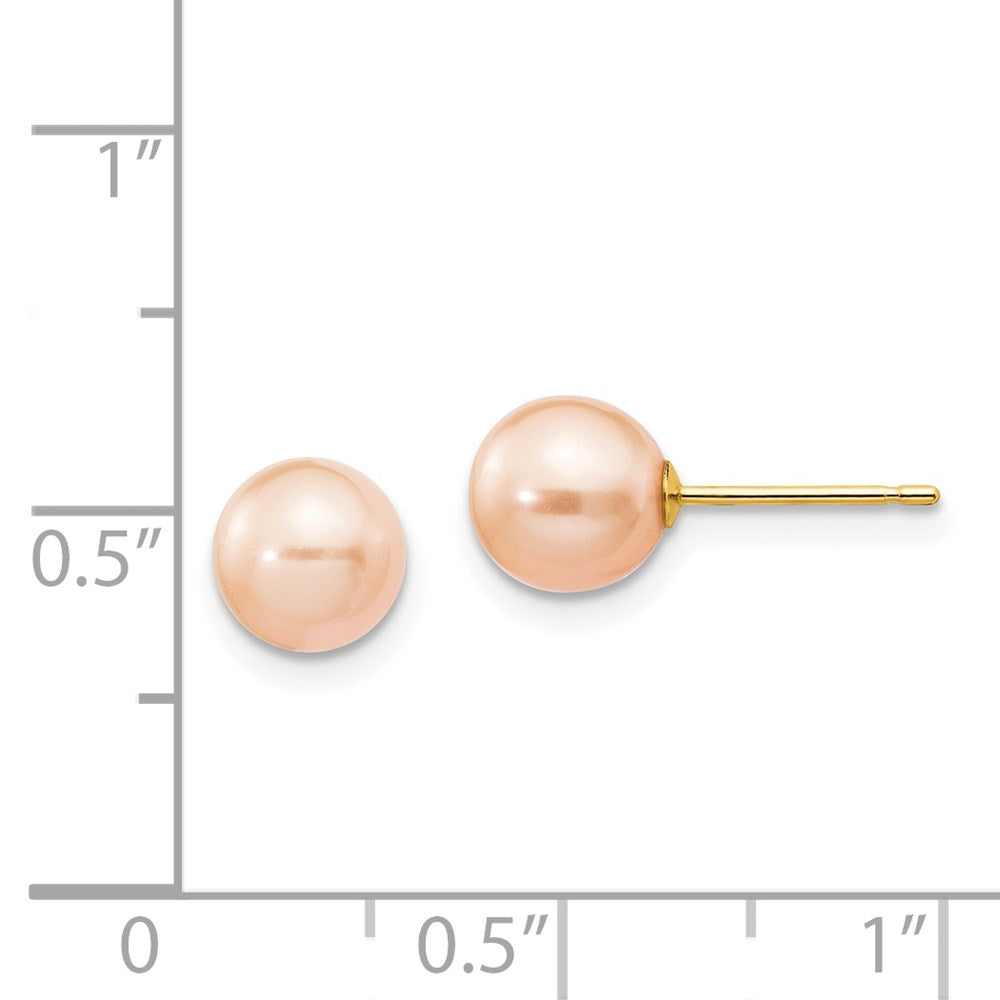 14K Yellow Gold 6-7mm Pink Round FWC Pearl Stud Post Earrings