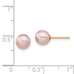 14K Yellow Gold 6-7mm Purple Round FWC Pearl Stud Post Earrings