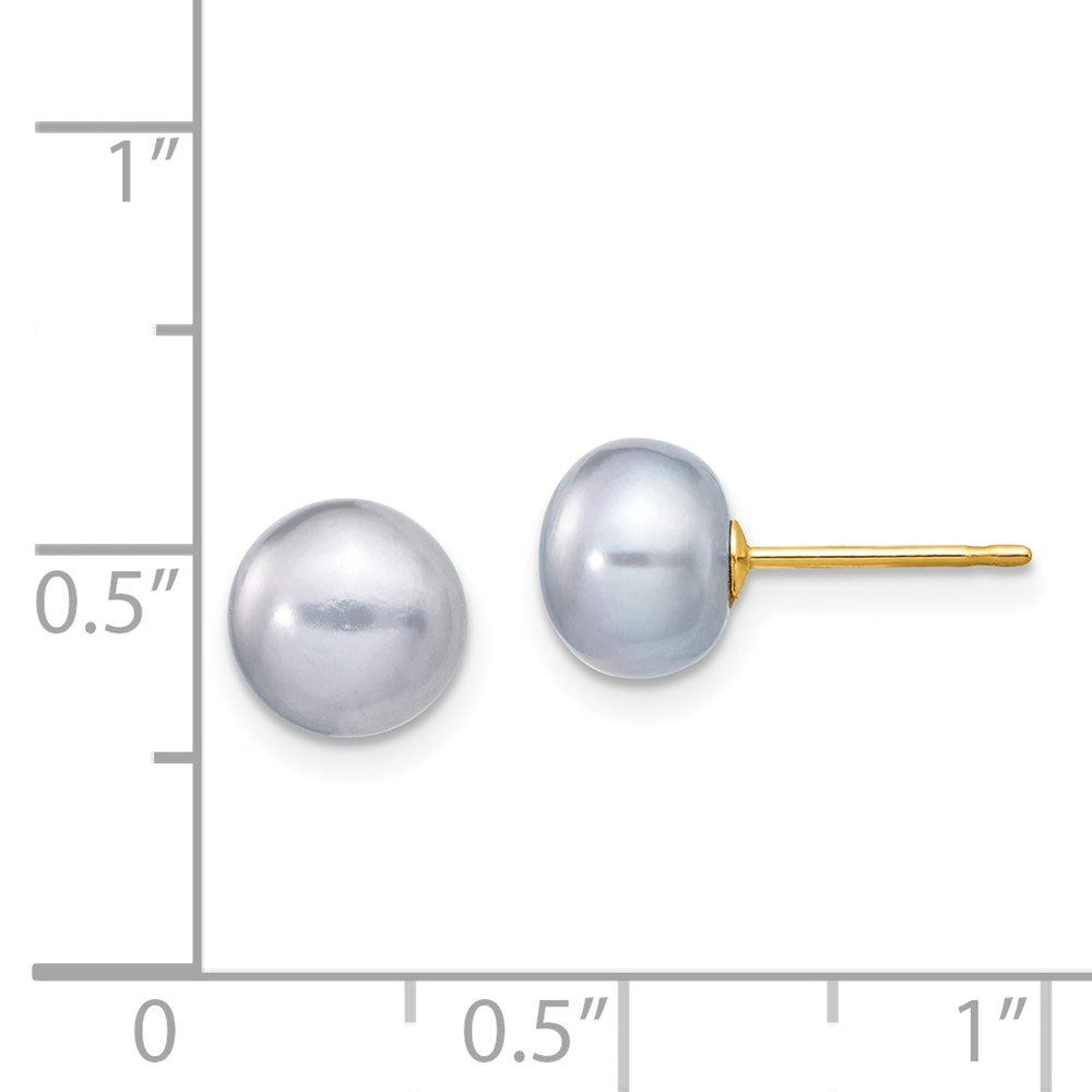 14K Yellow Gold 7-8mm Grey Button FWC Pearl Stud Post Earrings