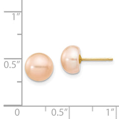 14K Yellow Gold 7-8mm Pink Button FWC Pearl Stud Post Earrings