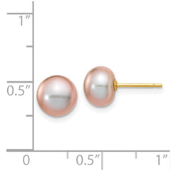 14K Yellow Gold 7-8mm Purple Button FWC Pearl Stud Post Earrings