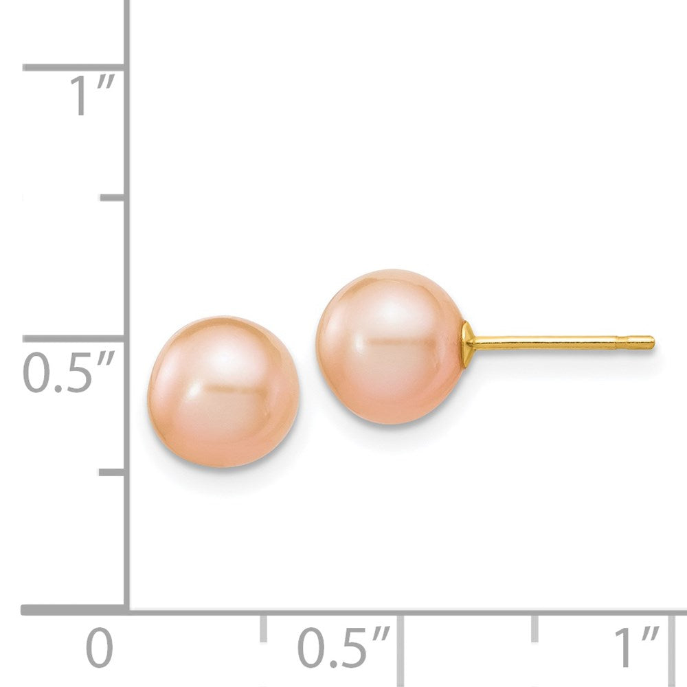14K Yellow Gold 7-8mm Pink Round FWC Pearl Stud Post Earrings