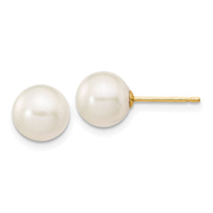 14K Yellow Gold 7-8mm White Round FWC Pearl Stud Post Earrings