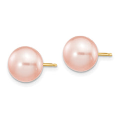 14K Yellow Gold 8-9mm Pink Button FWC Pearl Stud Post Earrings