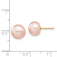 14K Yellow Gold 8-9mm Pink Button FWC Pearl Stud Post Earrings