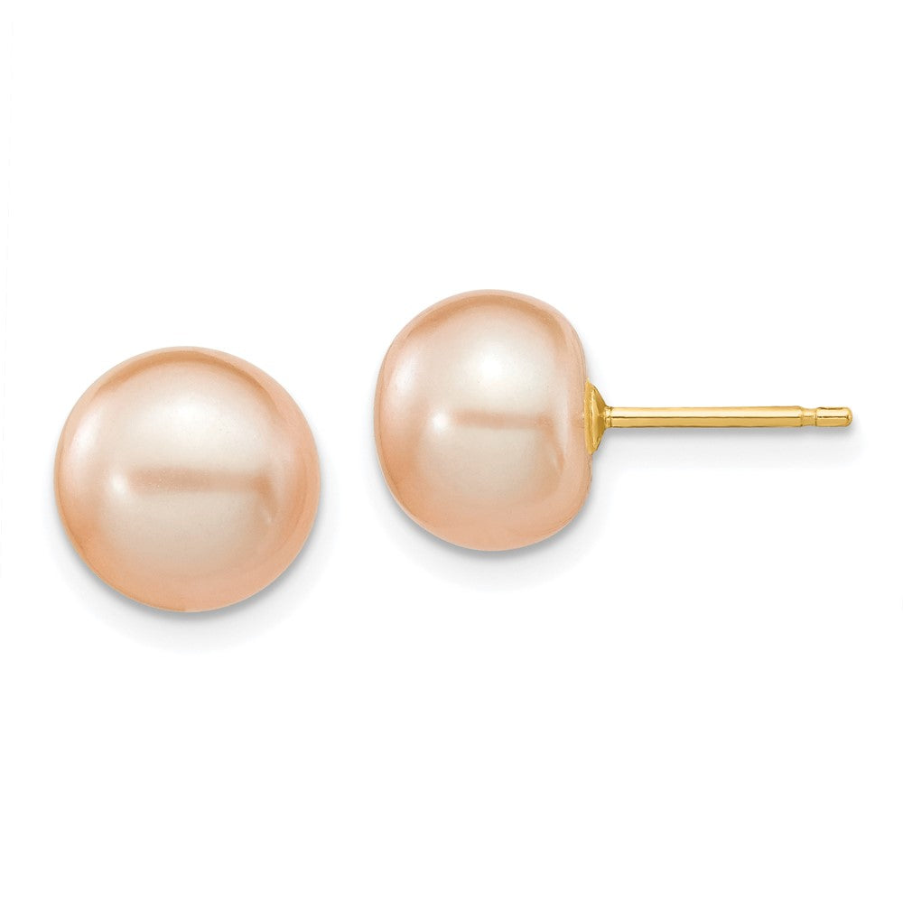 14K Yellow Gold 8-9mm Pink Button FWC Pearl Stud Post Earrings