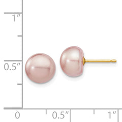 14K Yellow Gold 8-9mm Purple Button FWC Pearl Stud Post Earrings