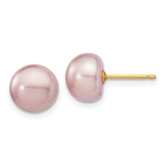 14K Yellow Gold 8-9mm Purple Button FWC Pearl Stud Post Earrings
