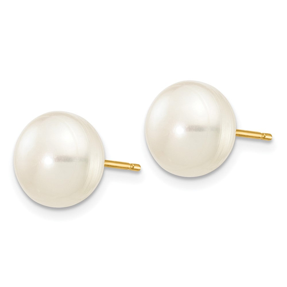 14K Yellow Gold 8-9mm White Button FWC Pearl Stud Post Earrings