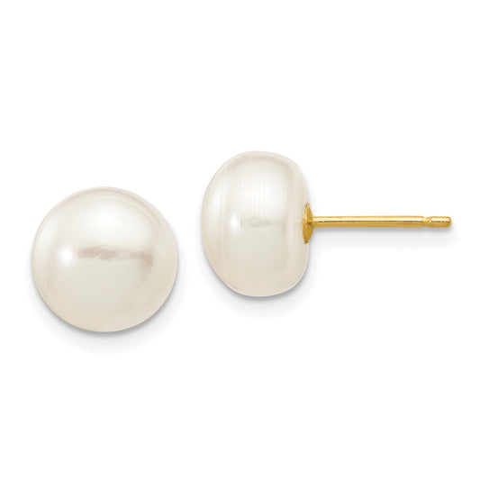 14K Yellow Gold 8-9mm White Button FWC Pearl Stud Post Earrings
