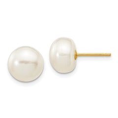 14K Yellow Gold 8-9mm White Button FWC Pearl Stud Post Earrings