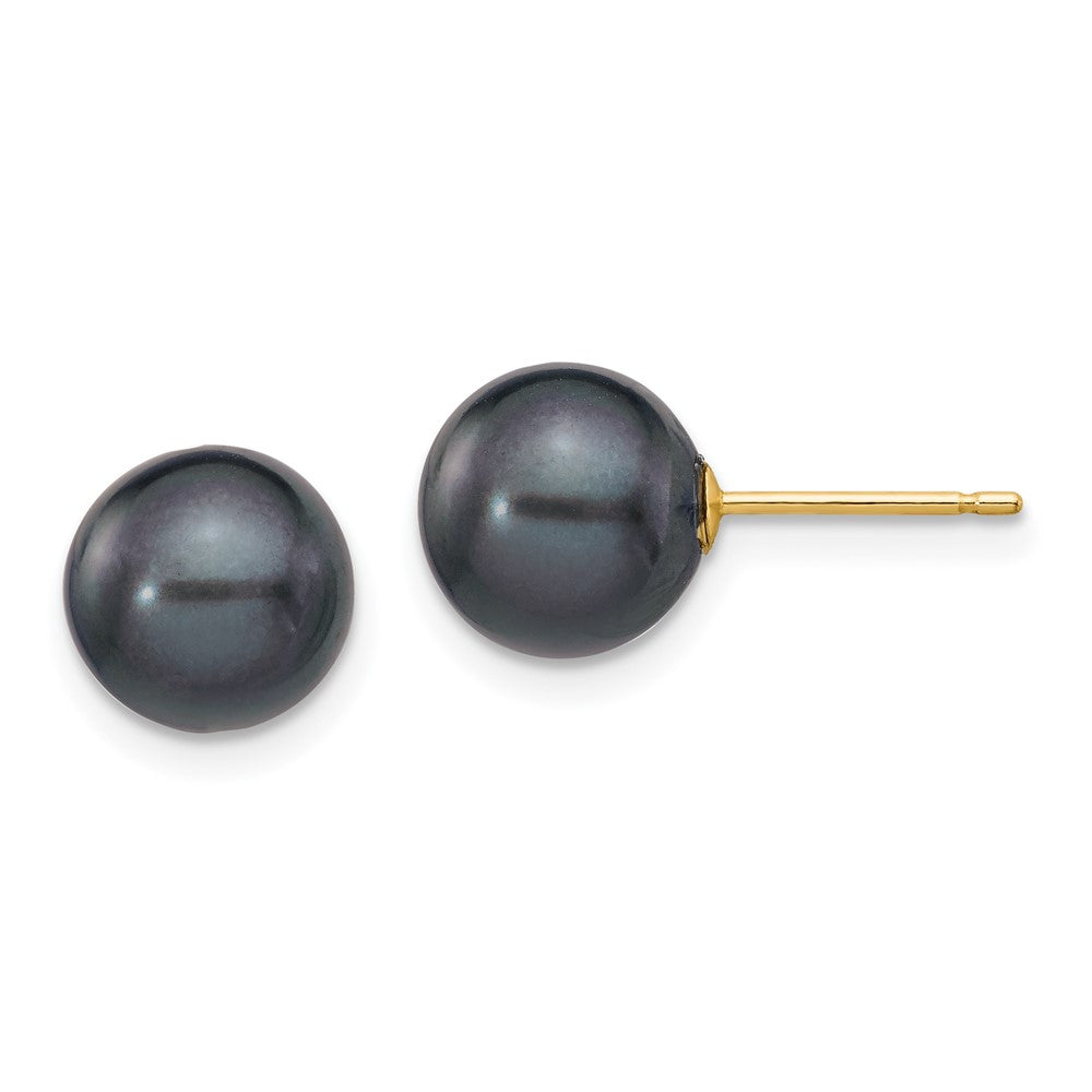 14K Yellow Gold 8-9mm Black Round FWC Pearl Stud Post Earrings