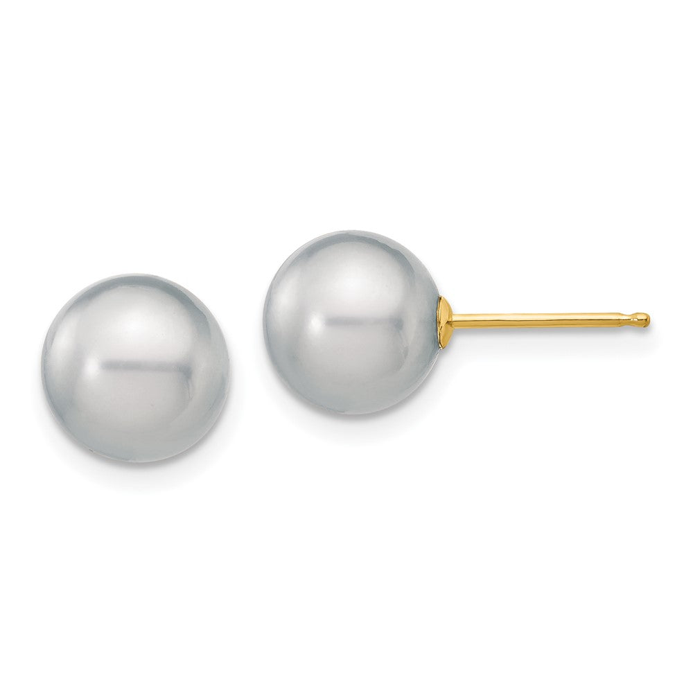 14K Yellow Gold 8-9mm Grey Round FWC Pearl Stud Post Earrings